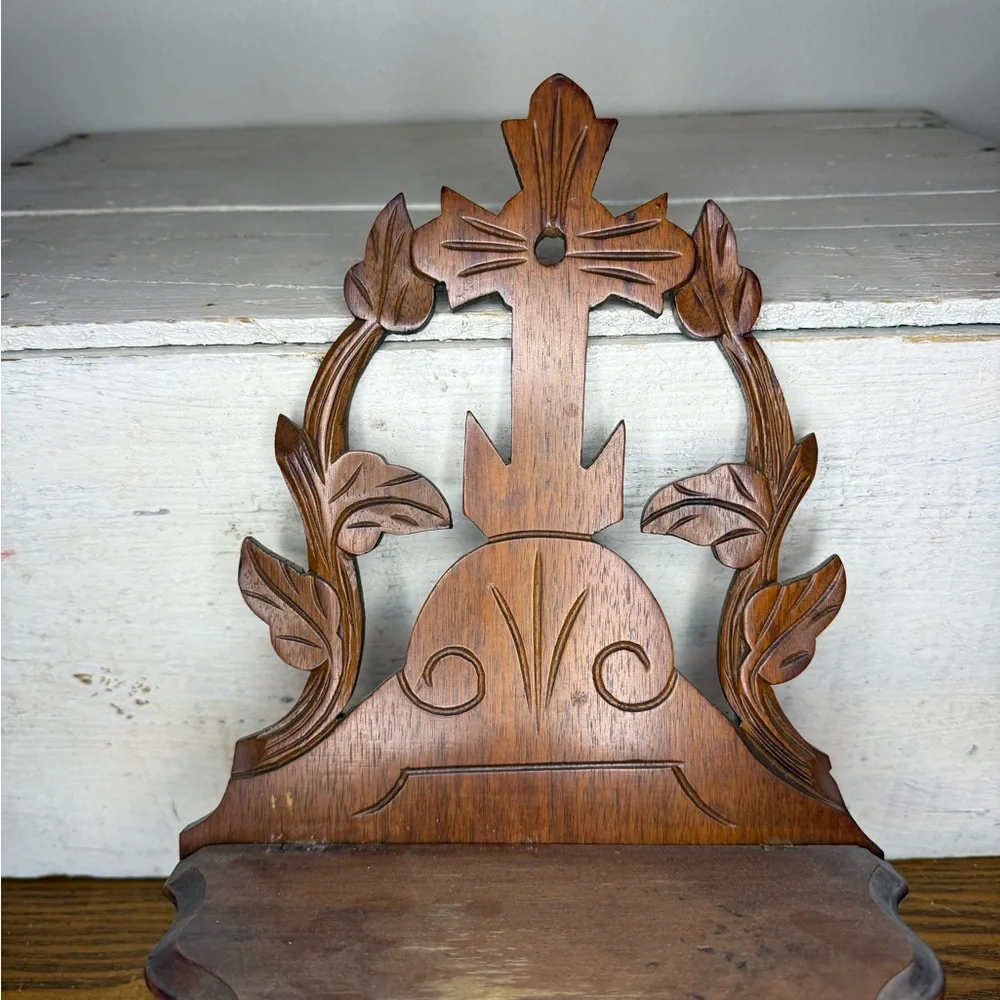 Vintage Victorian Style Scroll Wood Folding Wall Shelf Ornate primitive, distres
